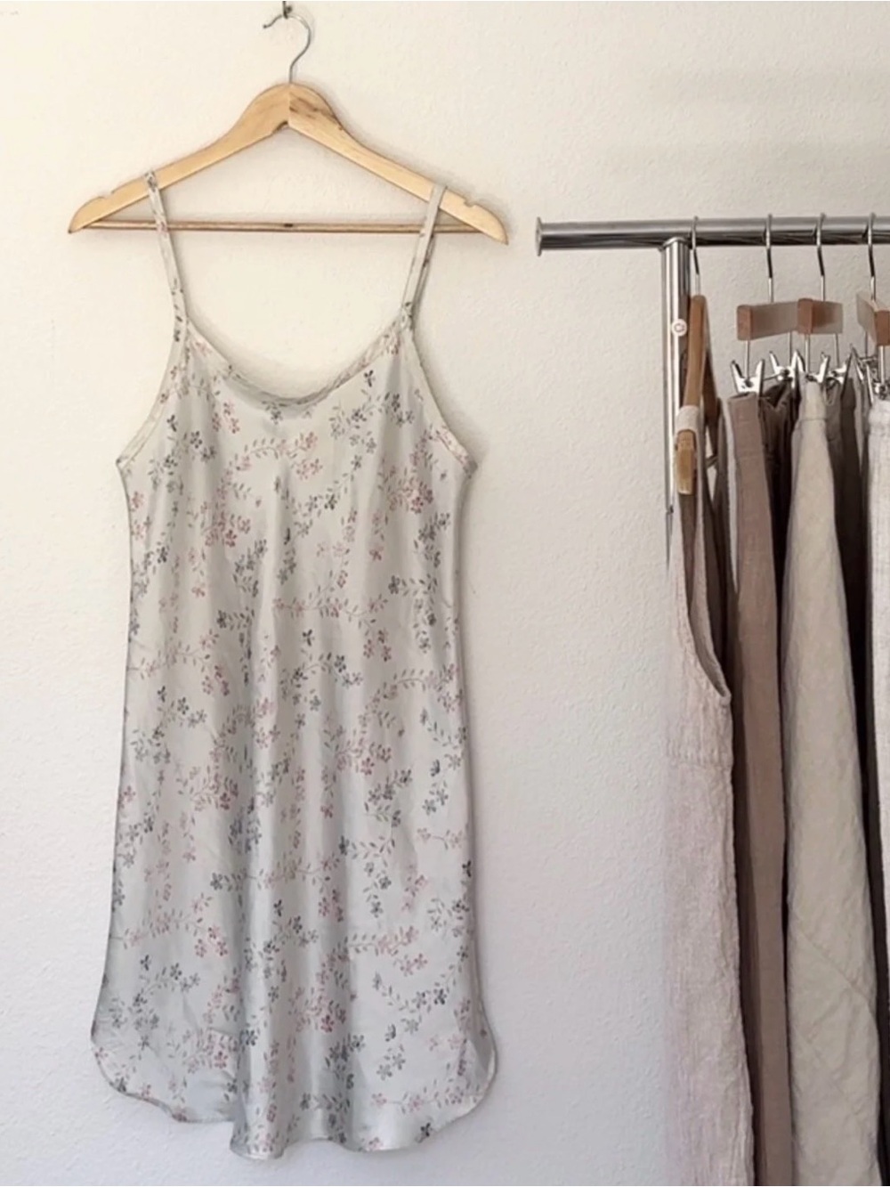 Light Floral Slip Dress in Ivory with Pink & Green Sprigs